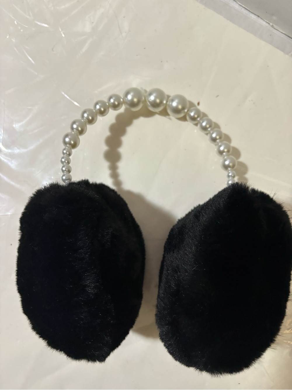 Faux Fur Pearl Band Earmuffs - Black